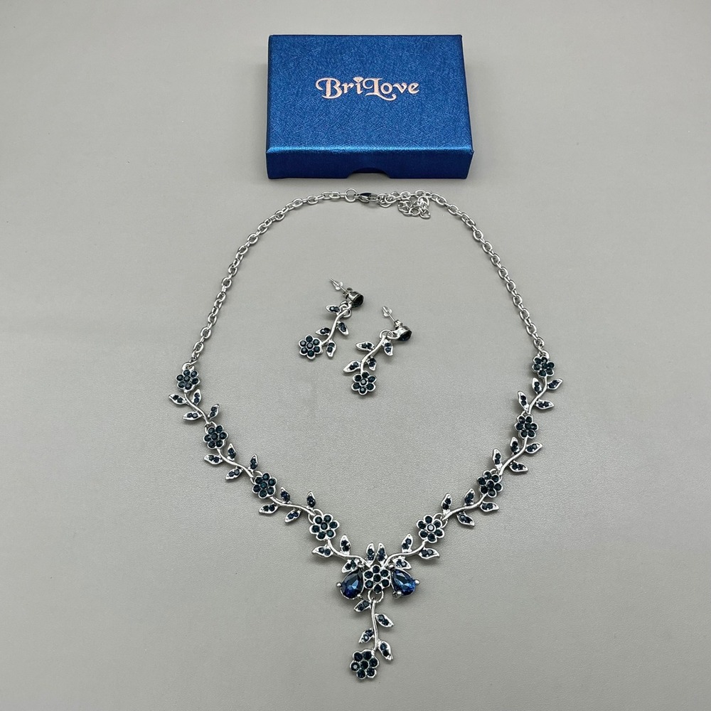 BriLove Jewelry Set Women Blue Floral Crystal Necklace Earrings Silver Tone New